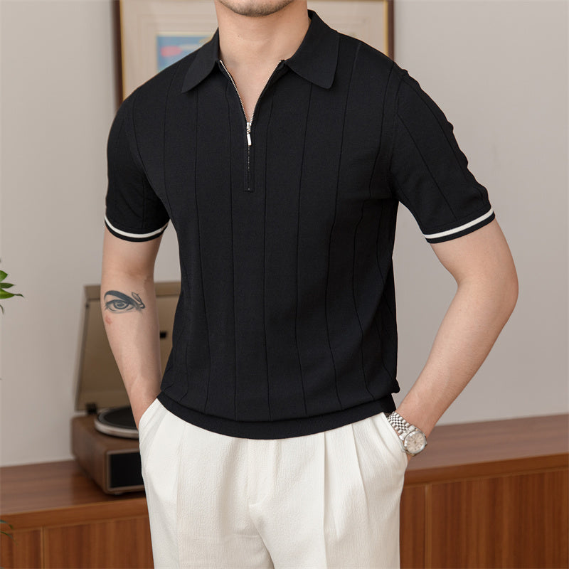 Zipped Pleated Knitted Polo