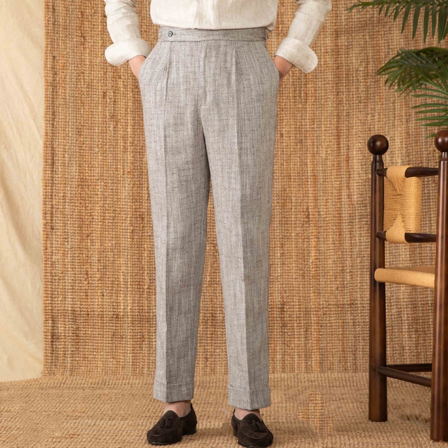 New York Cotton Linen Herringbone Straight Fit Pleated Trousers