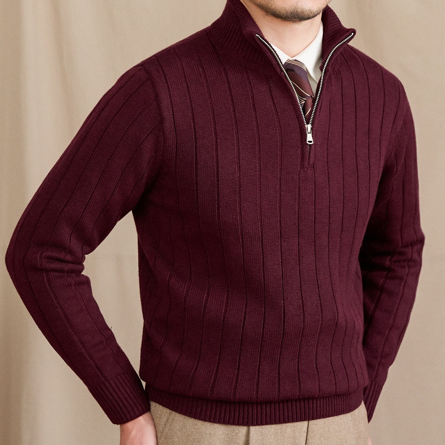 London Pleated Ribbed Half Zip Jumper