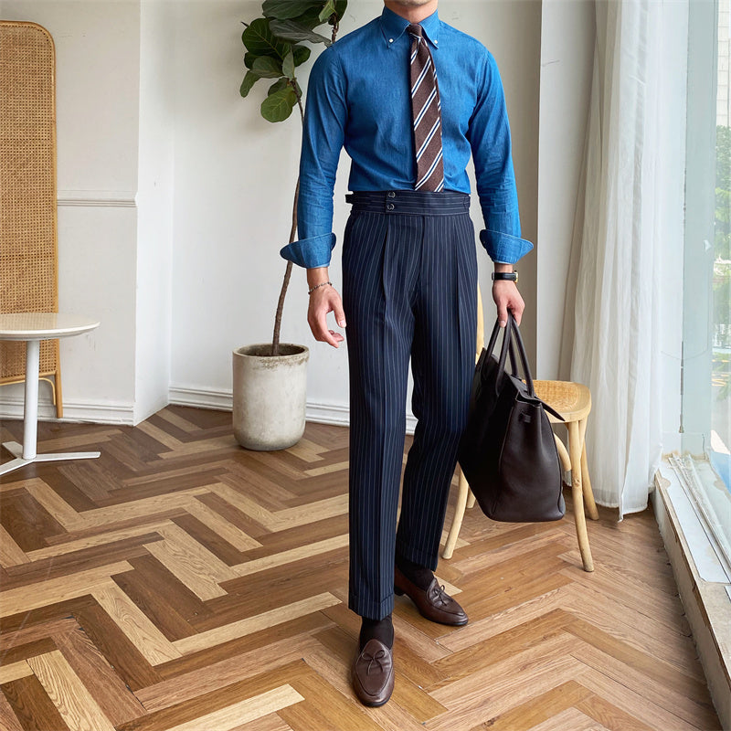 Pantalon London plissé à fines rayures