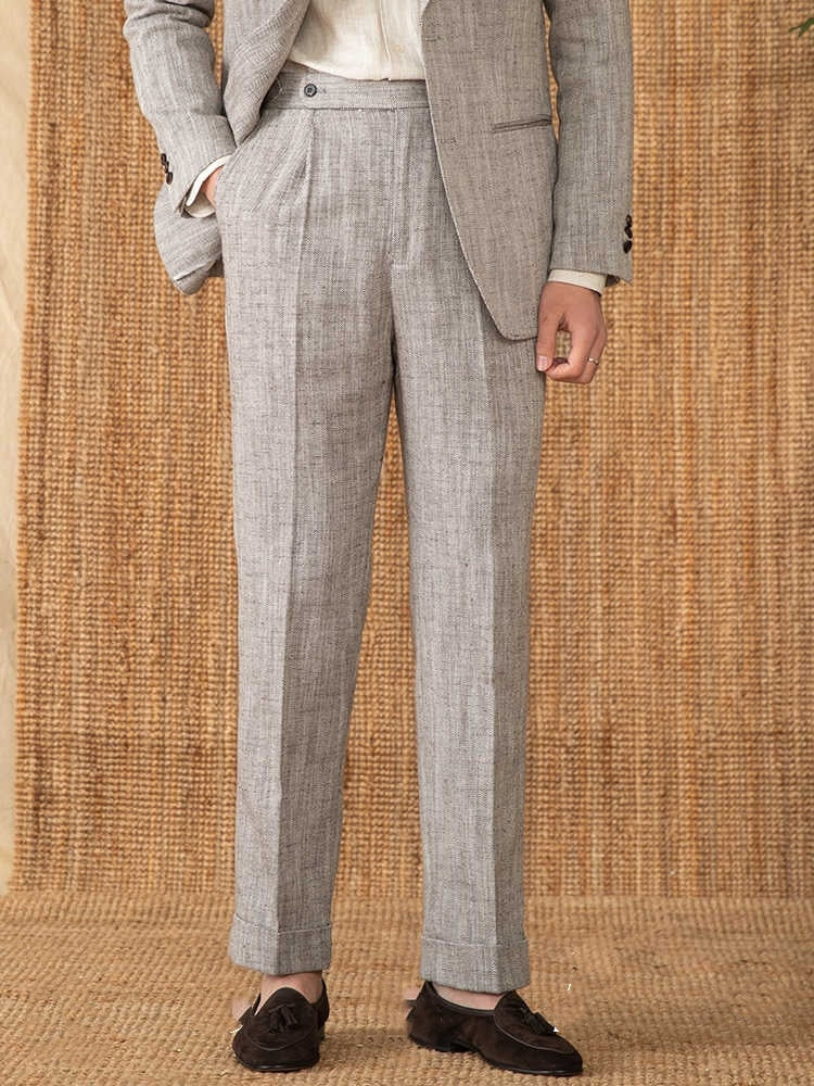New York Cotton Linen Herringbone Straight Fit Pleated Trousers