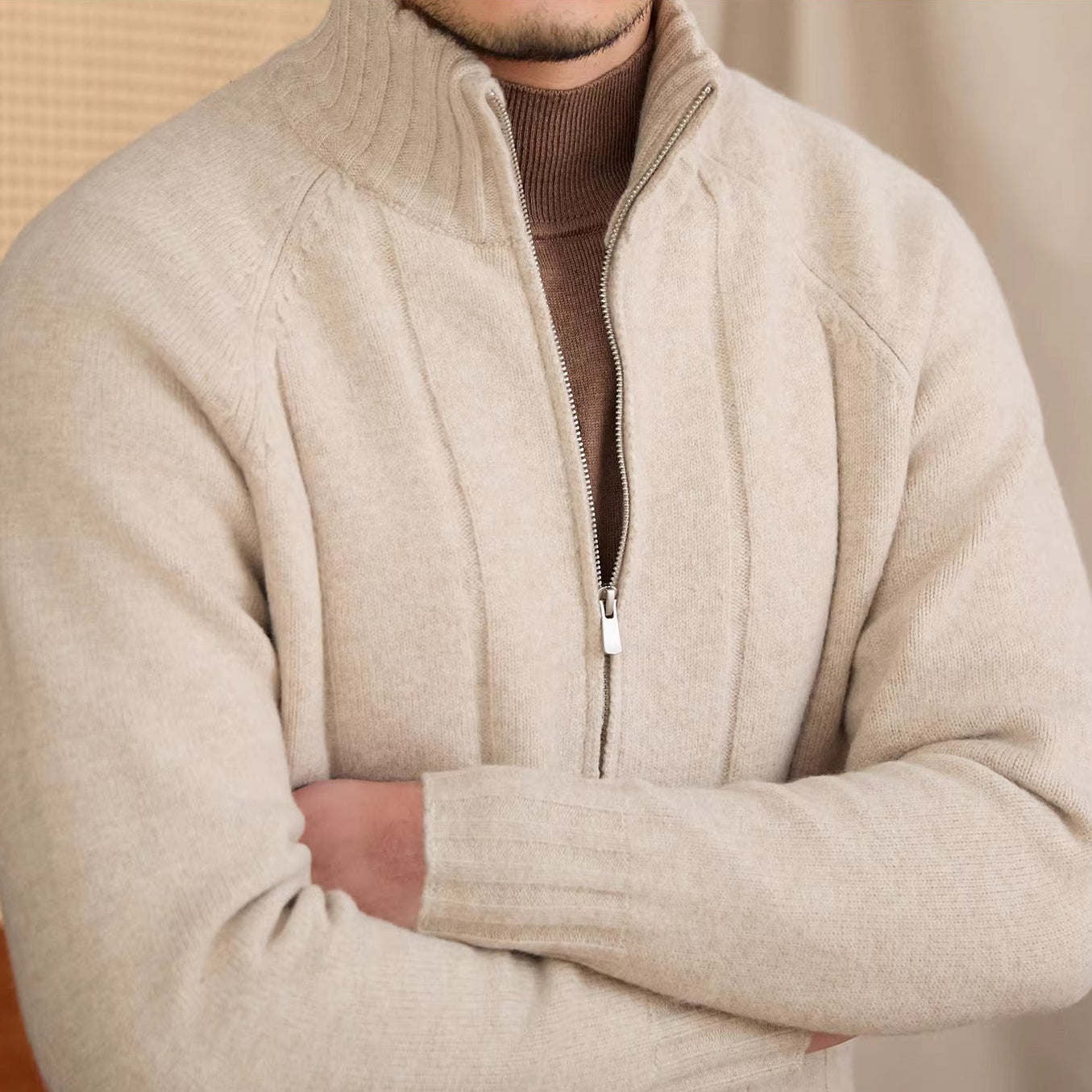 Dolomites Ribbed High Collar Wool Blend Cardigan