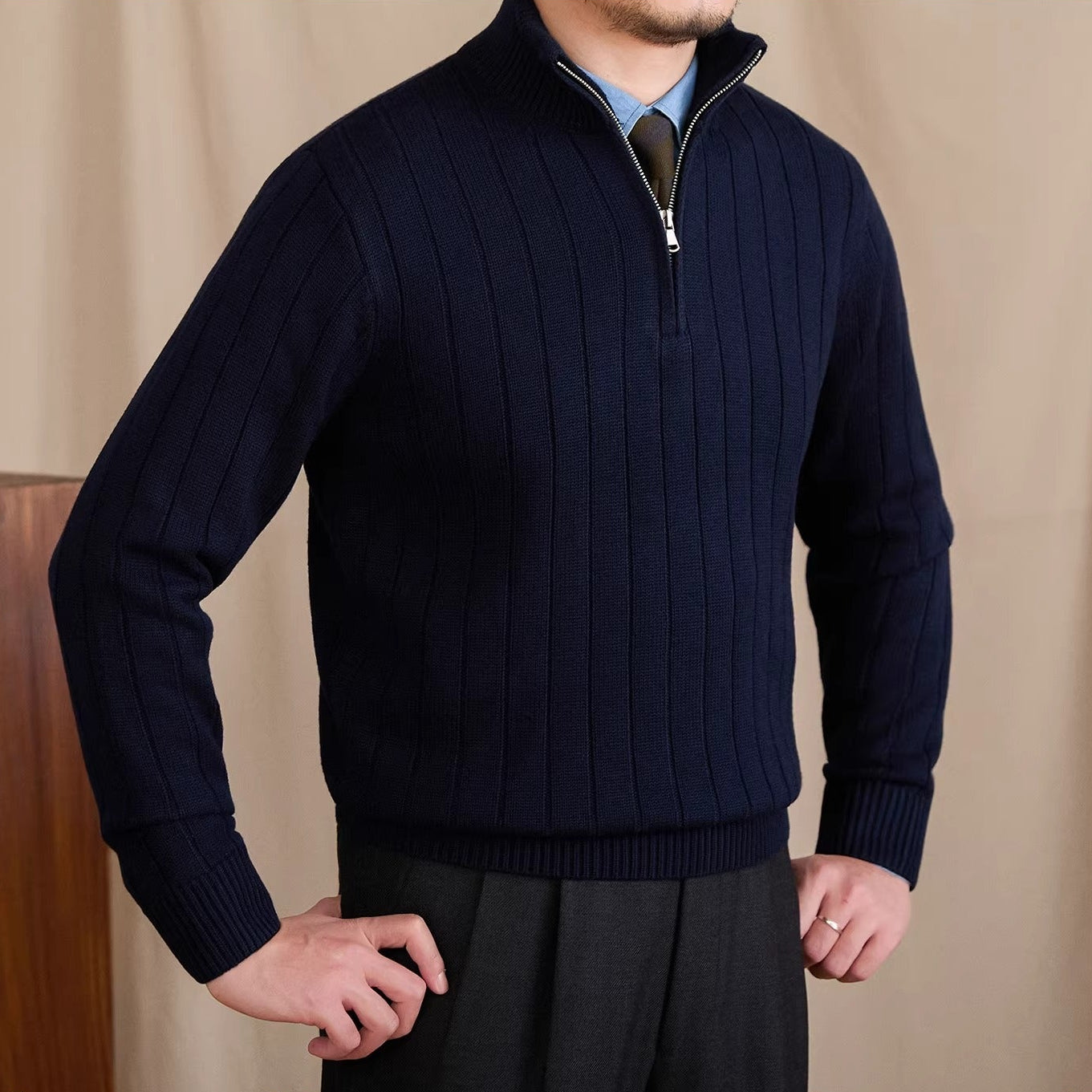 London Pleated Ribbed Half Zip Jumper
