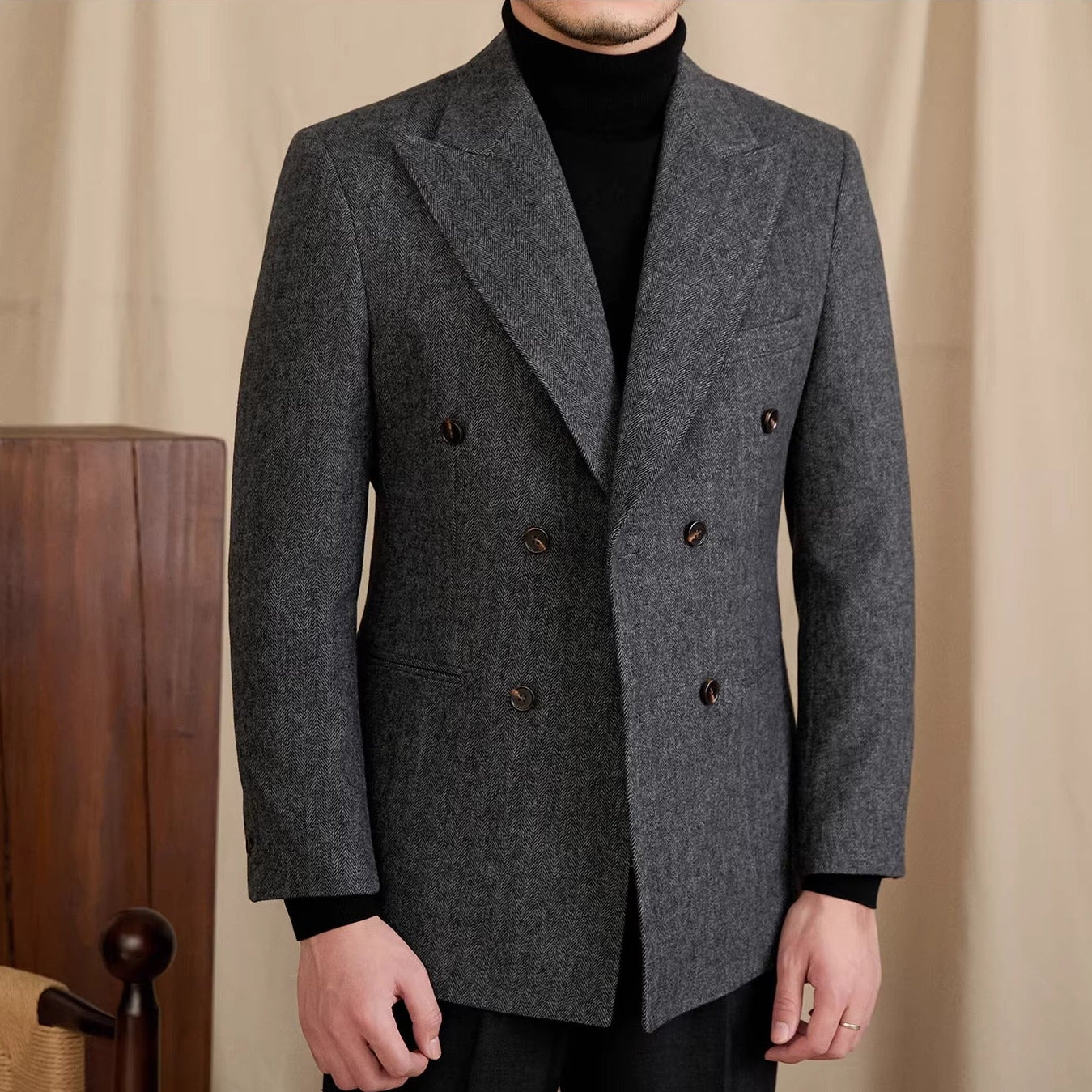 Dubai Wool Blend Herringbone Double Breasted Peak Lapel Jacket