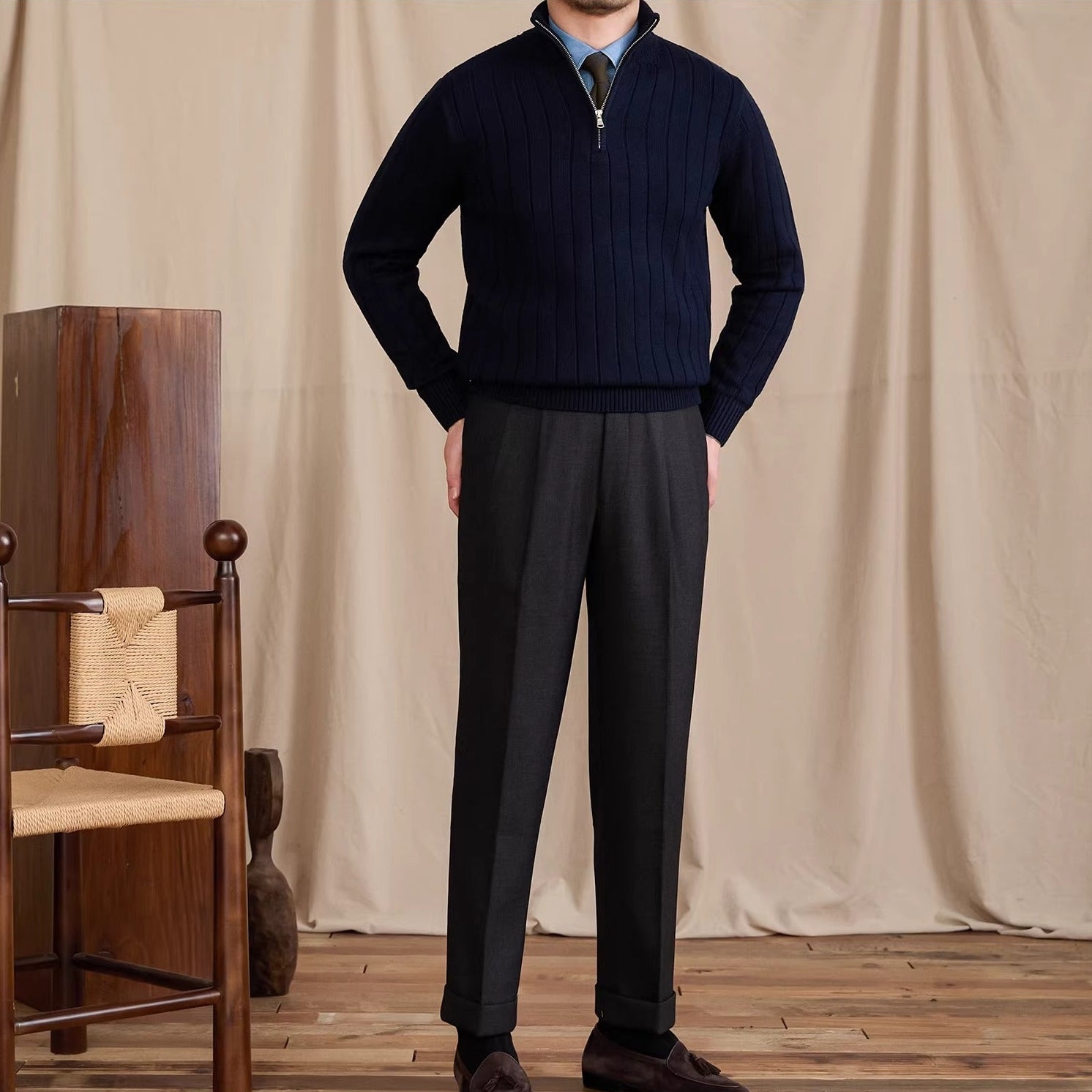 London Pleated Ribbed Half Zip Jumper