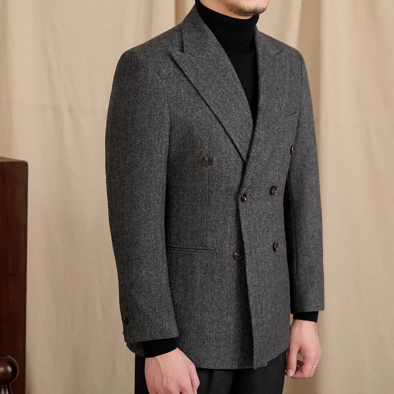 Dubai Wool Blend Herringbone Double Breasted Peak Lapel Jacket
