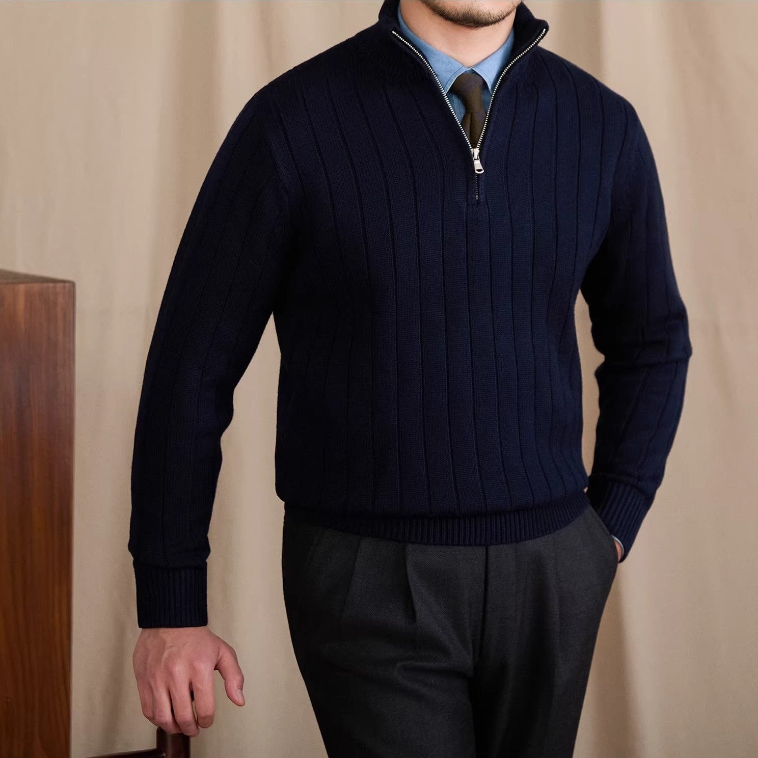 London Pleated Ribbed Half Zip Jumper