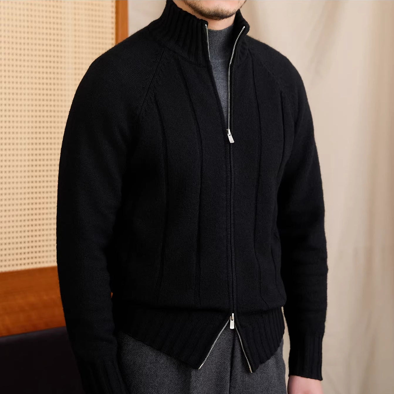 Dolomites Ribbed High Collar Wool Blend Cardigan