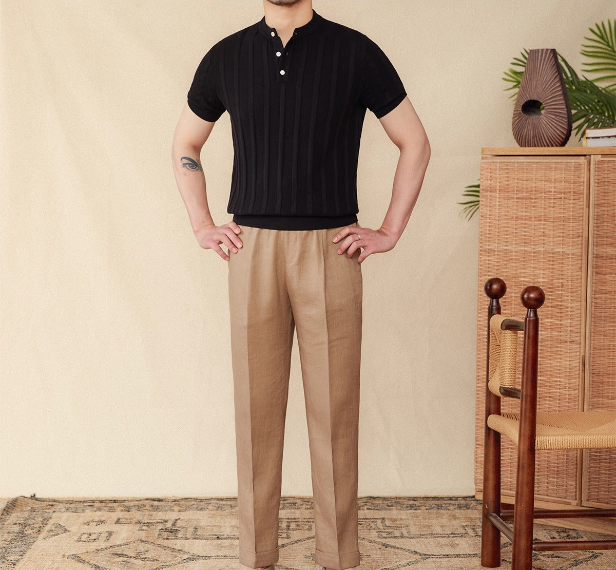 Pleated Antalya Cotton Henley T-Shirt