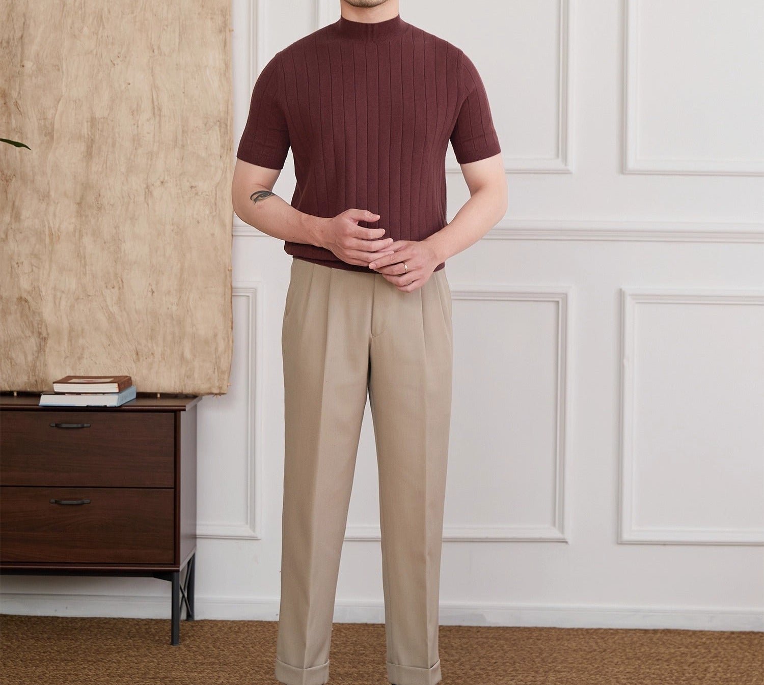 Tokyo Mockneck Pleated Knit Wool Blend T-Shirt
