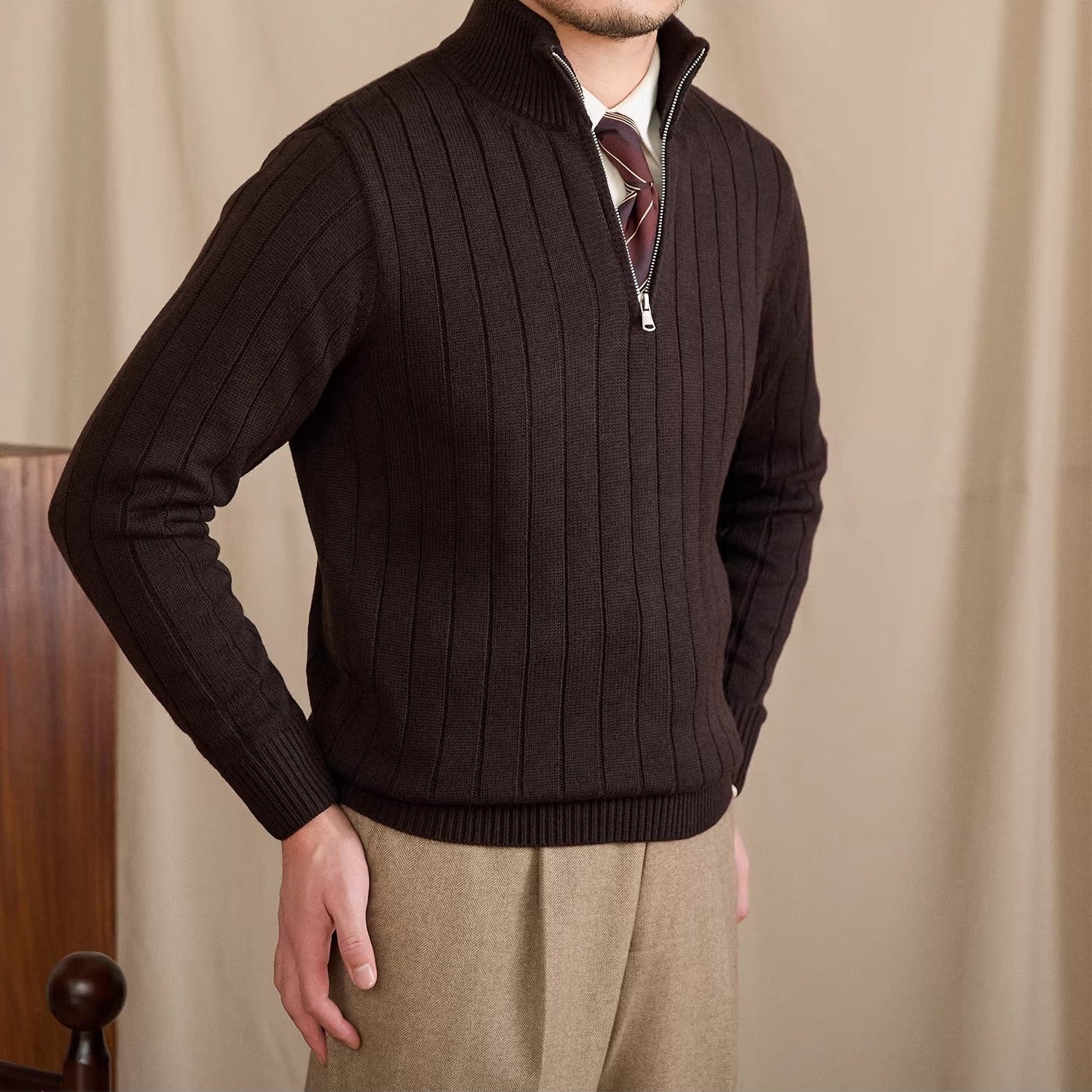 London Pleated Ribbed Half Zip Jumper