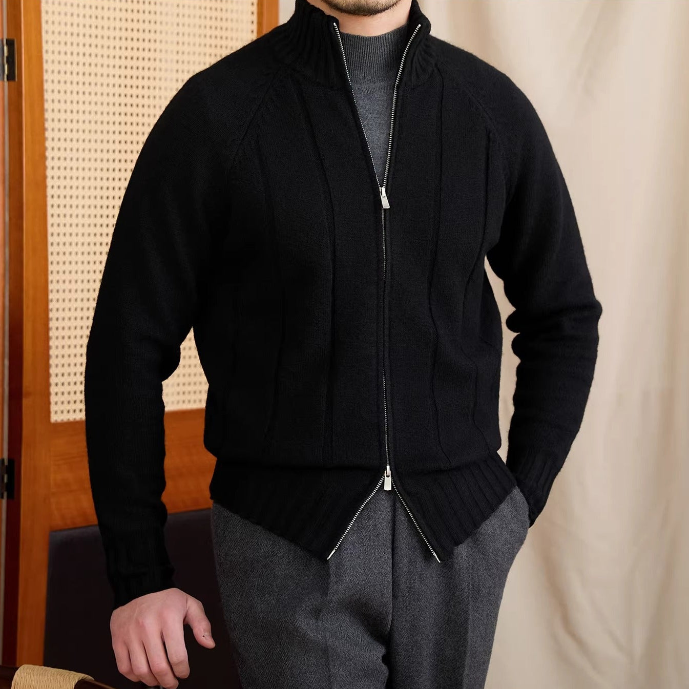 Dolomites Ribbed High Collar Wool Blend Cardigan