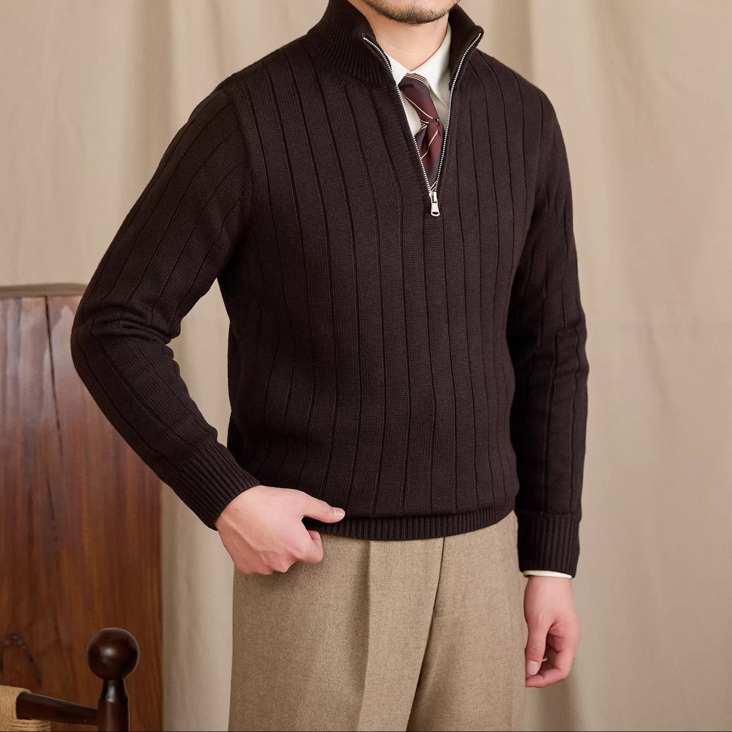 London Pleated Ribbed Half Zip Jumper