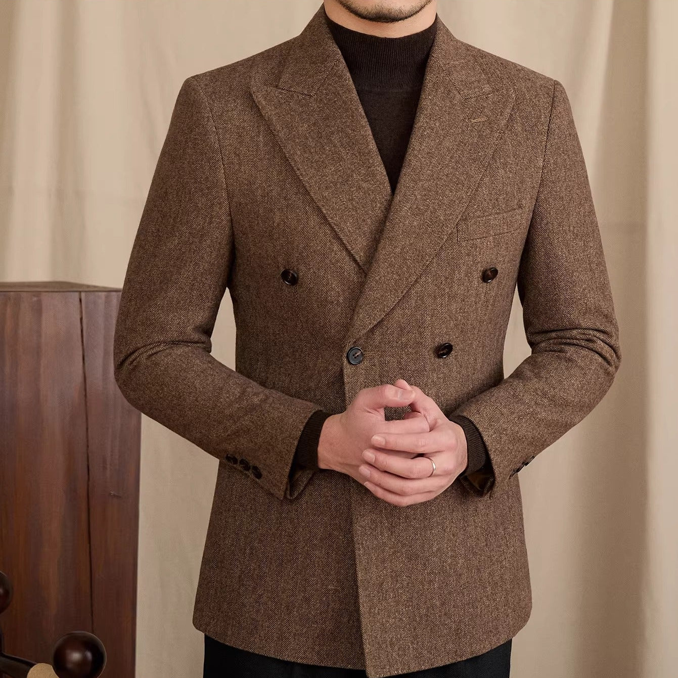 Dubai Wool Blend Herringbone Double Breasted Peak Lapel Jacket