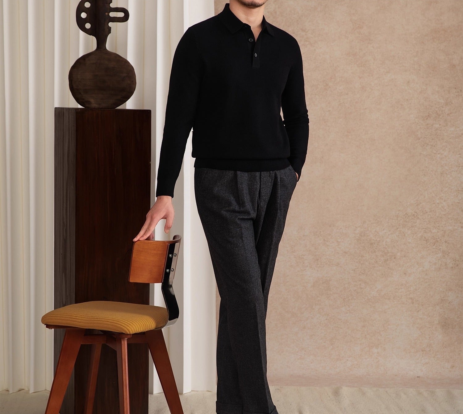 Roma Wool Blend Long Sleeve Polo Shirt