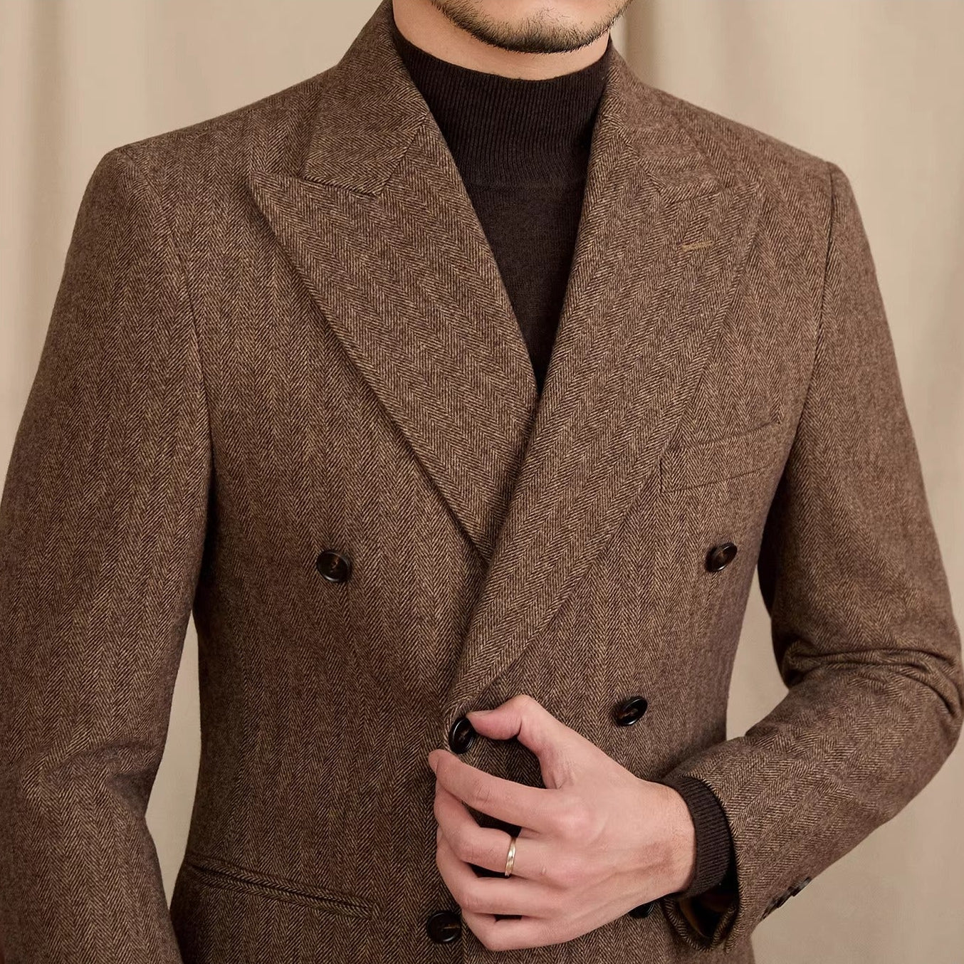 Dubai Wool Blend Herringbone Double Breasted Peak Lapel Jacket