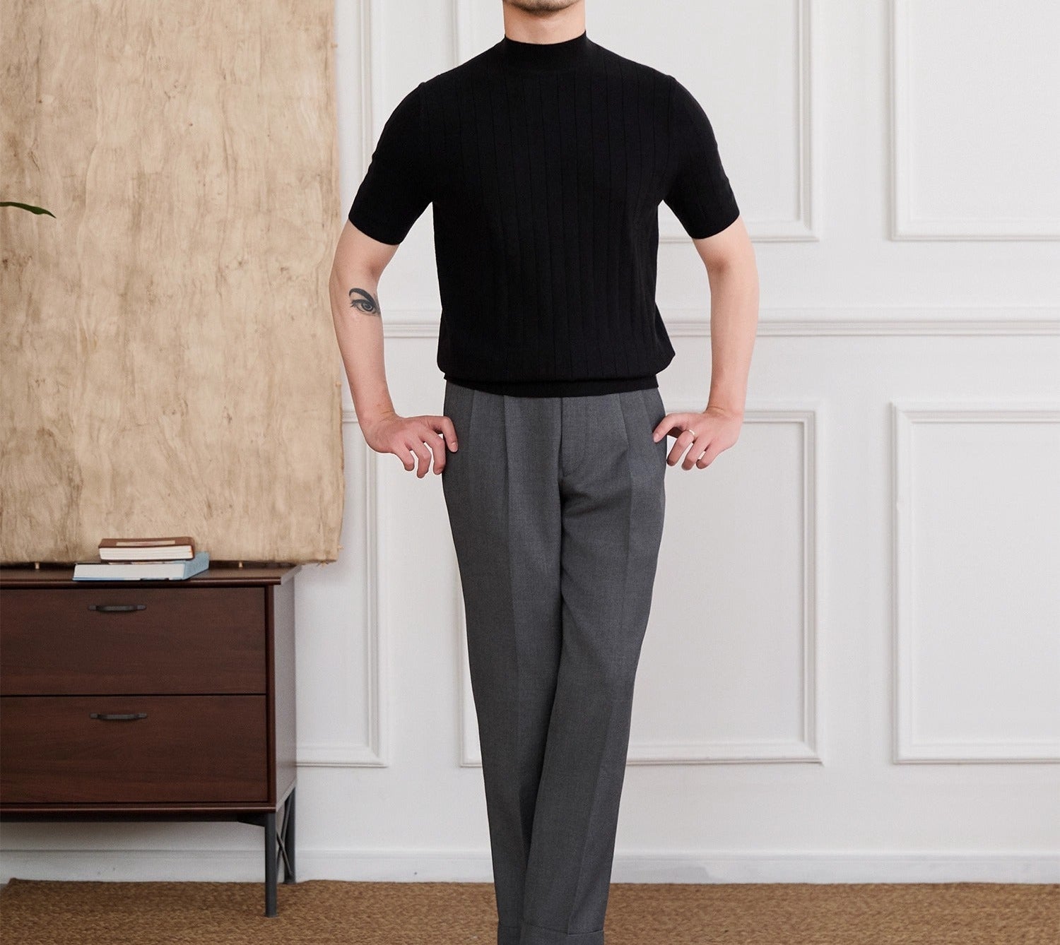 Tokyo Mockneck Pleated Knit Wool Blend T-Shirt