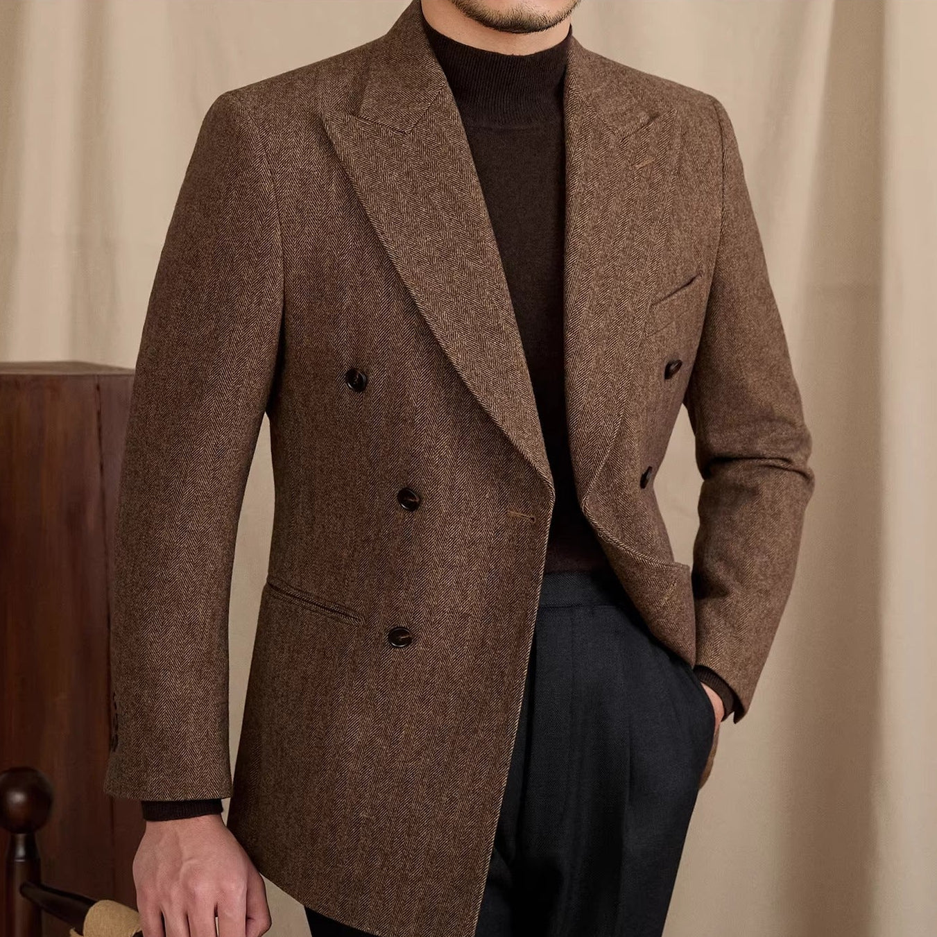 Dubai Wool Blend Herringbone Double Breasted Peak Lapel Jacket