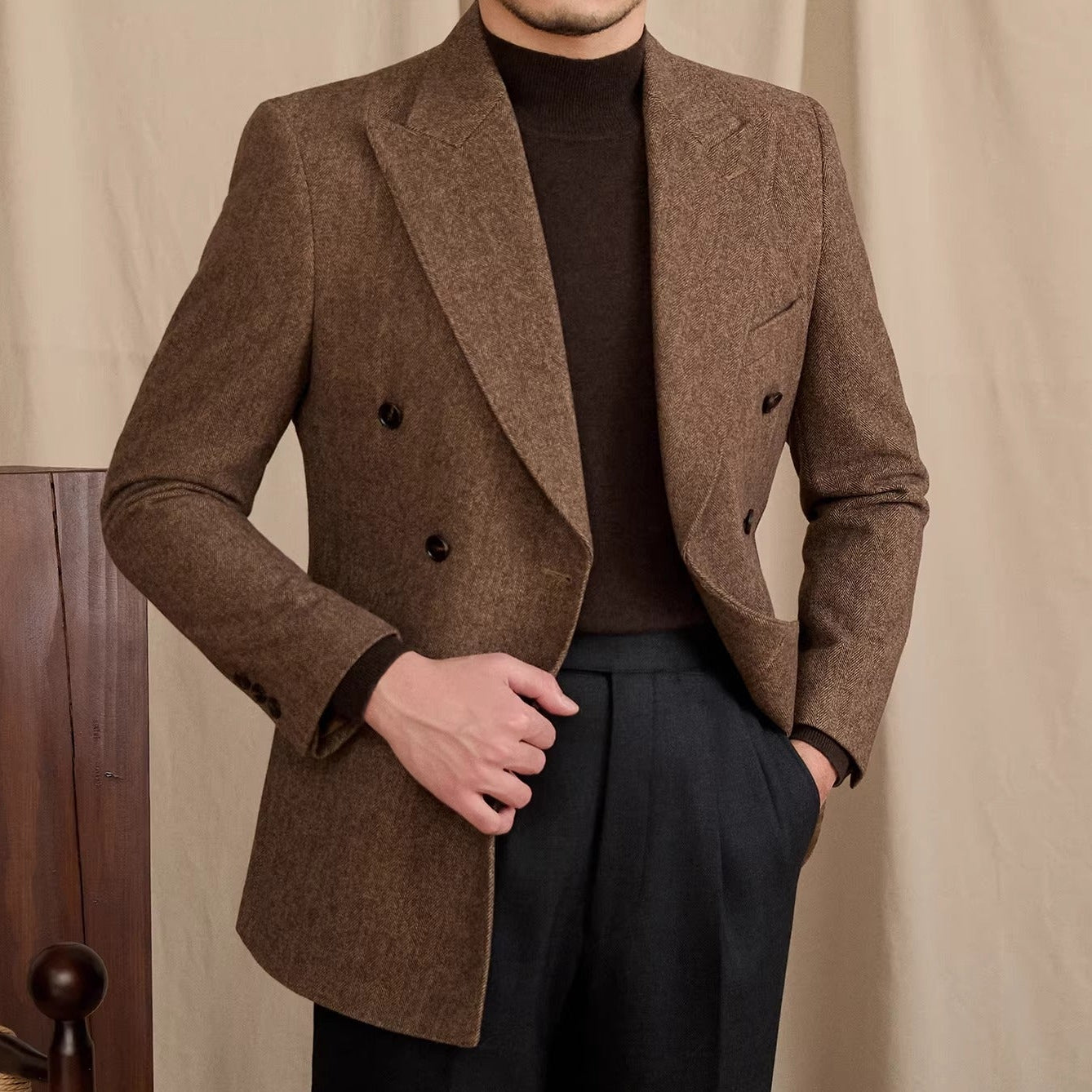 Dubai Wool Blend Herringbone Double Breasted Peak Lapel Jacket