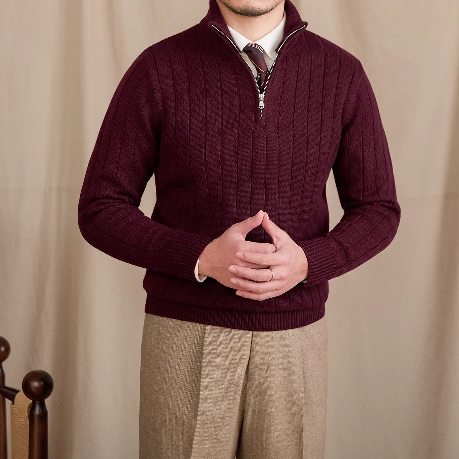 London Pleated Ribbed Half Zip Jumper