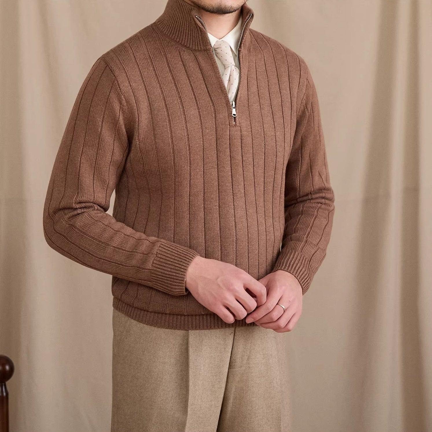 London Pleated Ribbed Half Zip Jumper