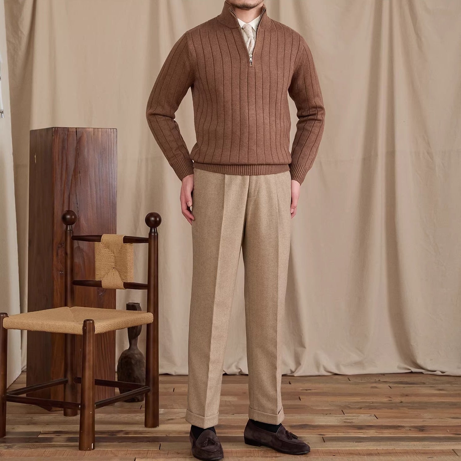 London Pleated Ribbed Half Zip Jumper