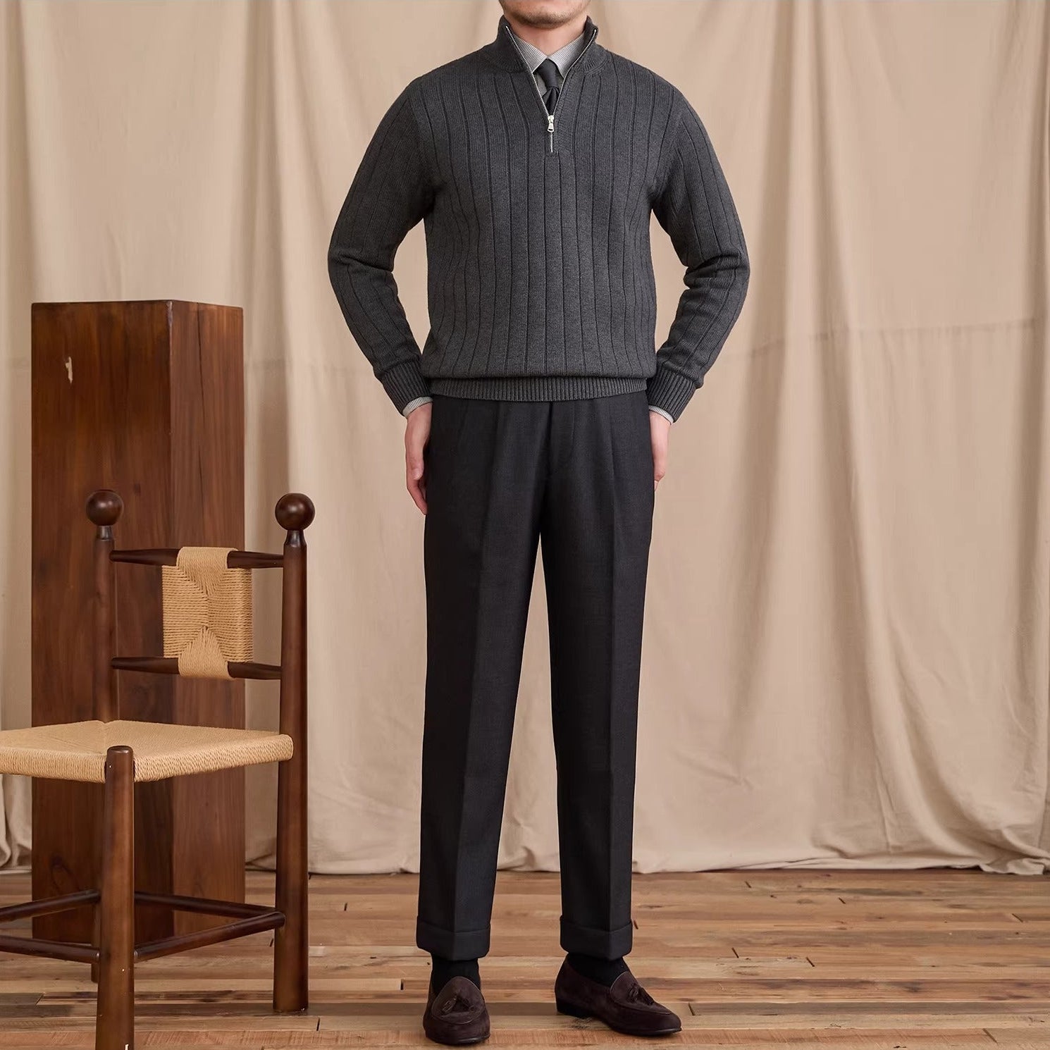 London Pleated Ribbed Half Zip Jumper