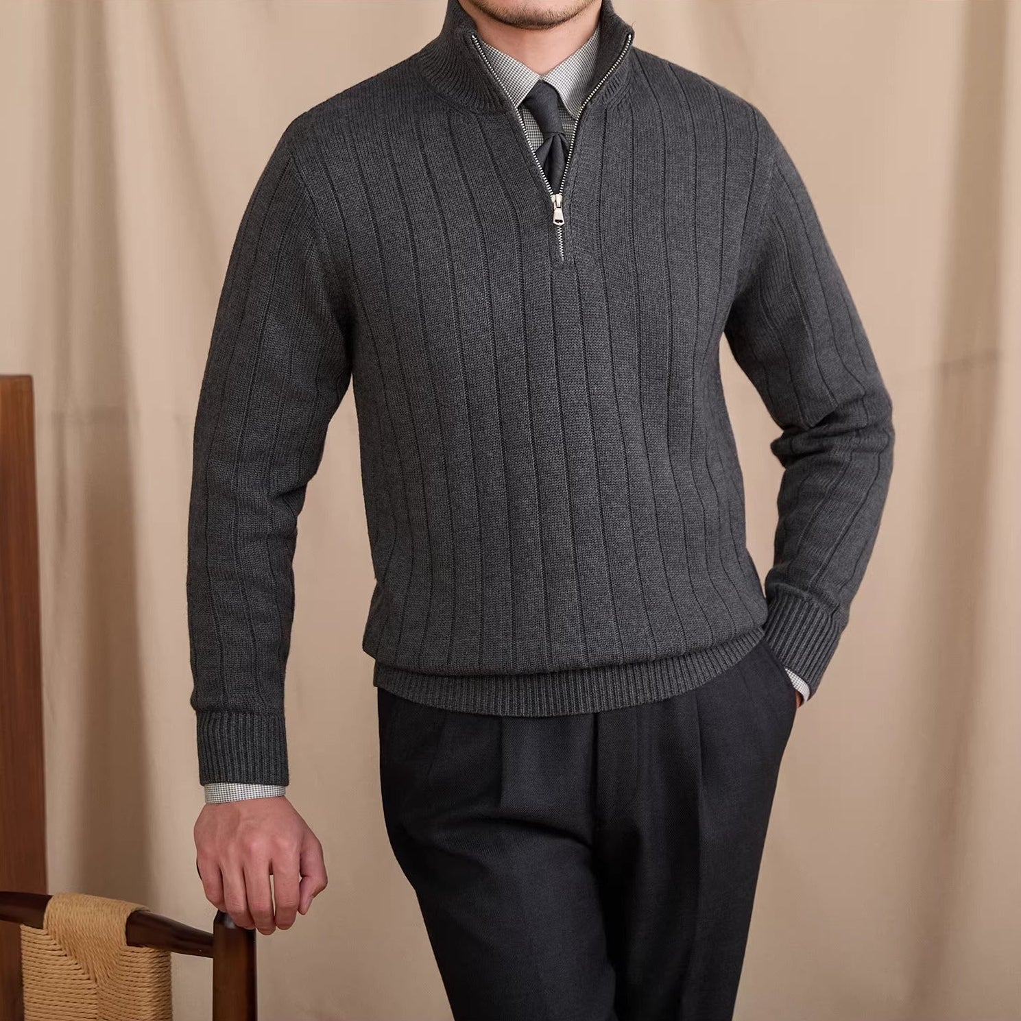 London Pleated Ribbed Half Zip Jumper