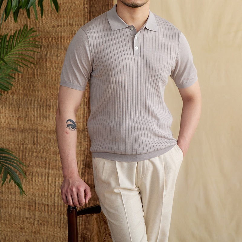 Athens Ribbed Pleated Knit Polo Shirt