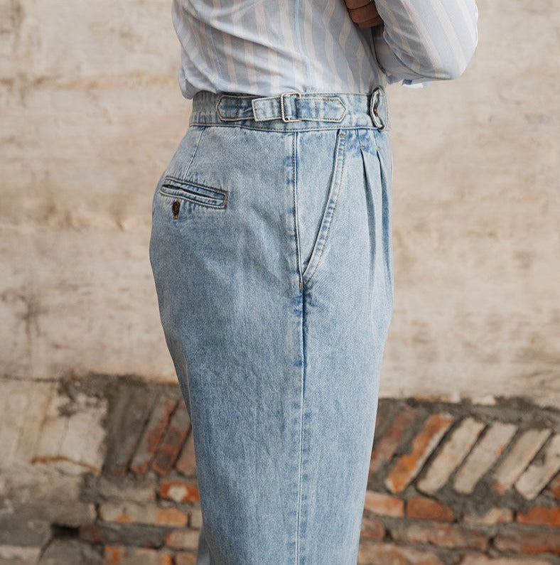 Barcelona Cotton Pleated Straight Fit Denim Trousers