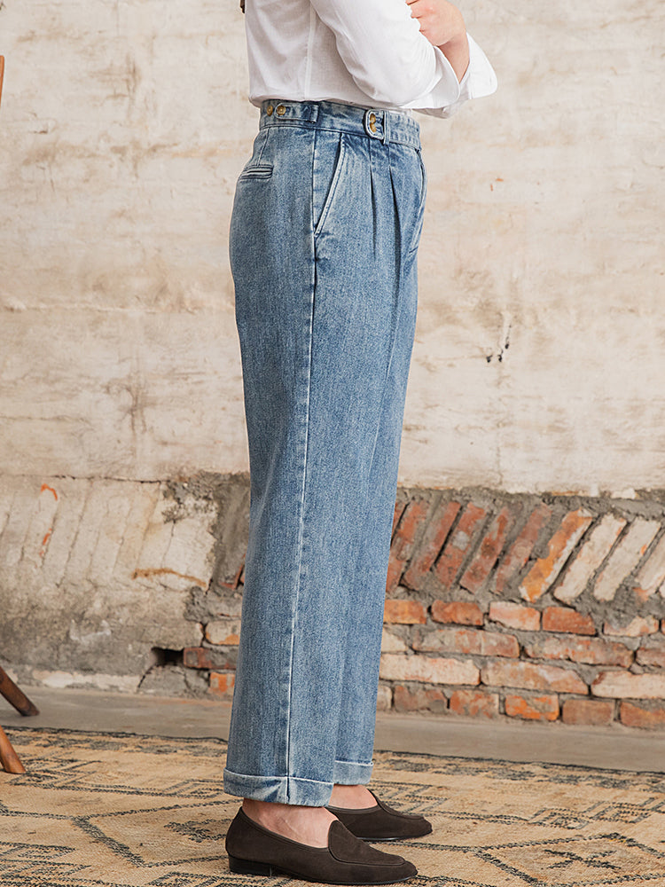 Portofino Double Pleated Straight Fit Denim Trousers