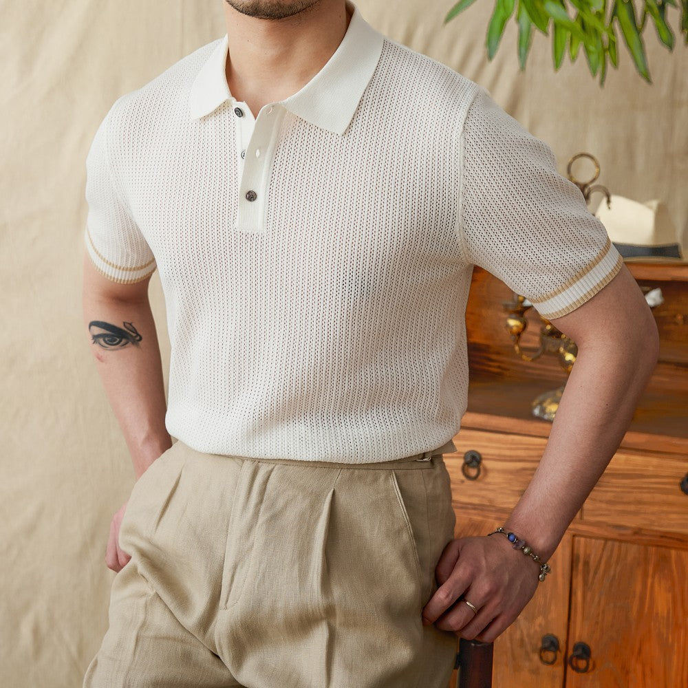 Dolce Contrast Crochet Knit Short Sleeve Polo Shirt