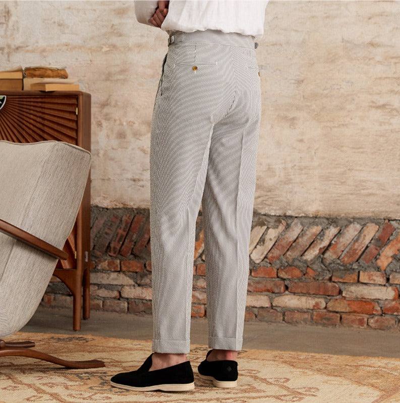 Cannes Seersucker Double Pleated Straight Fit Trousers