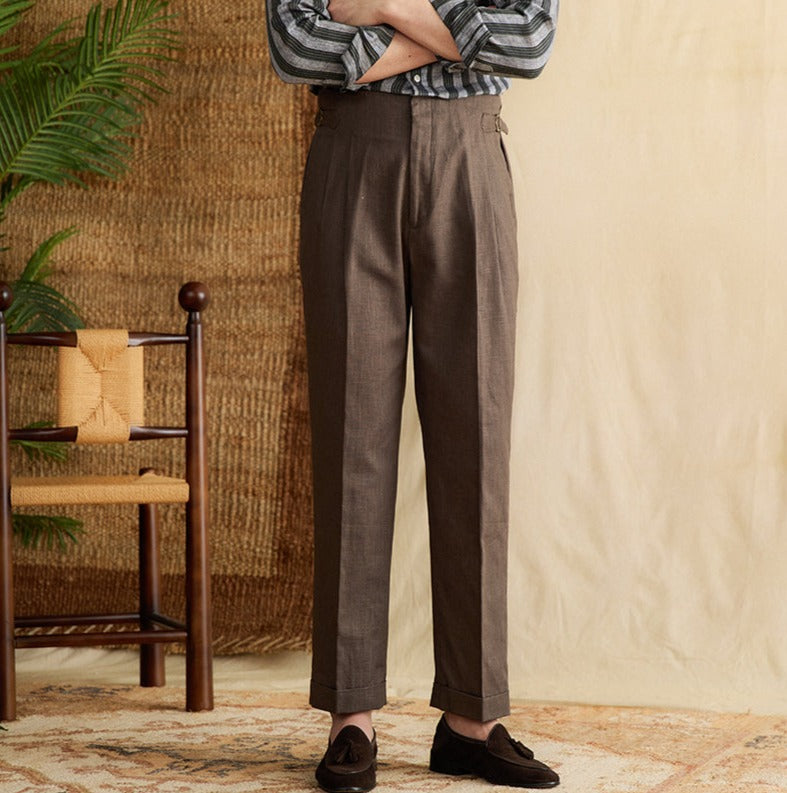 Semplice Linen Blend Double Pleated Straight Fit Trousers