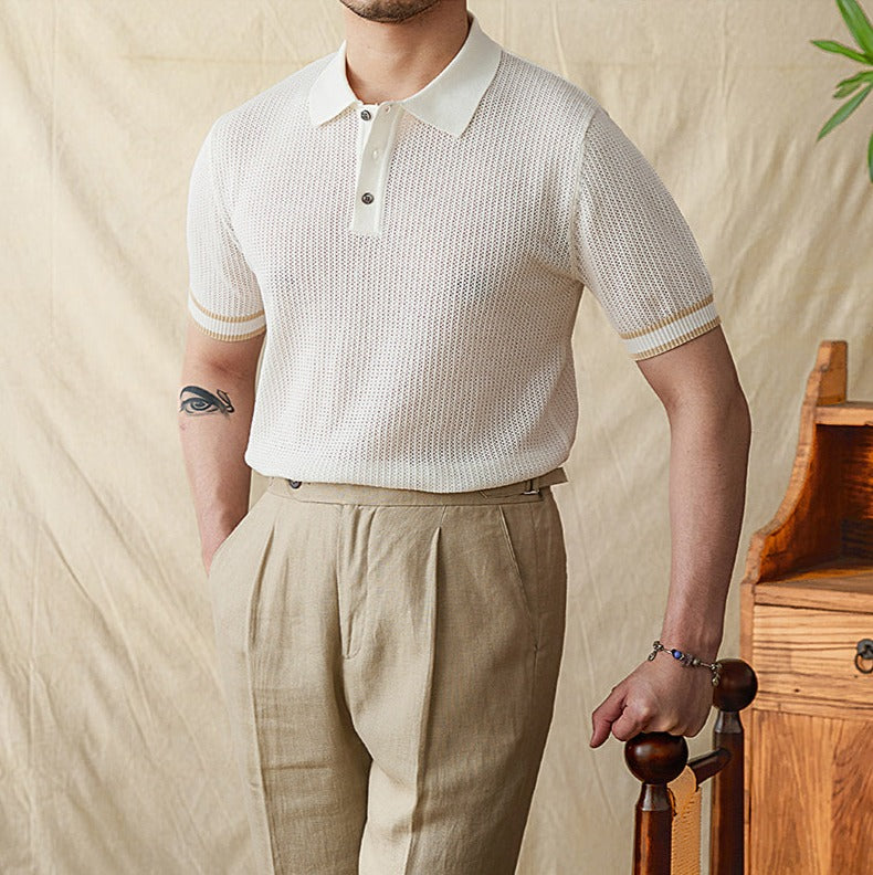 Dolce Contrast Crochet Knit Short Sleeve Polo Shirt