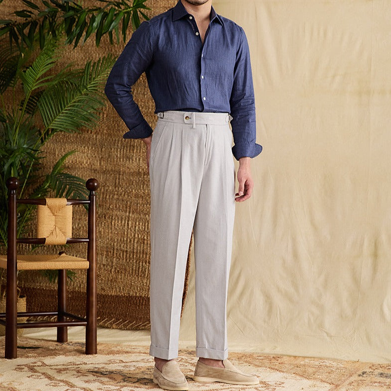 Monaco Linen Double Pleated Straight Fit Trousers