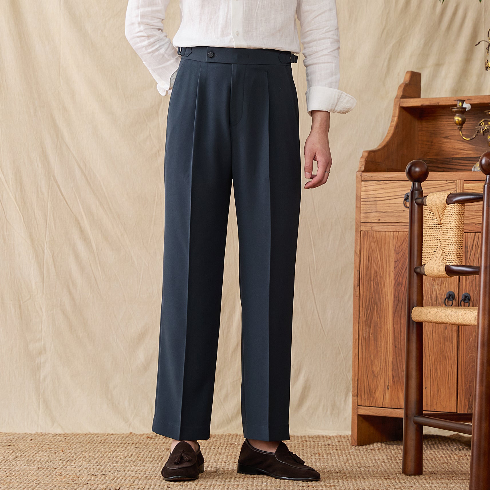 City Cotton Blend Pleated Straight Fit Trousers