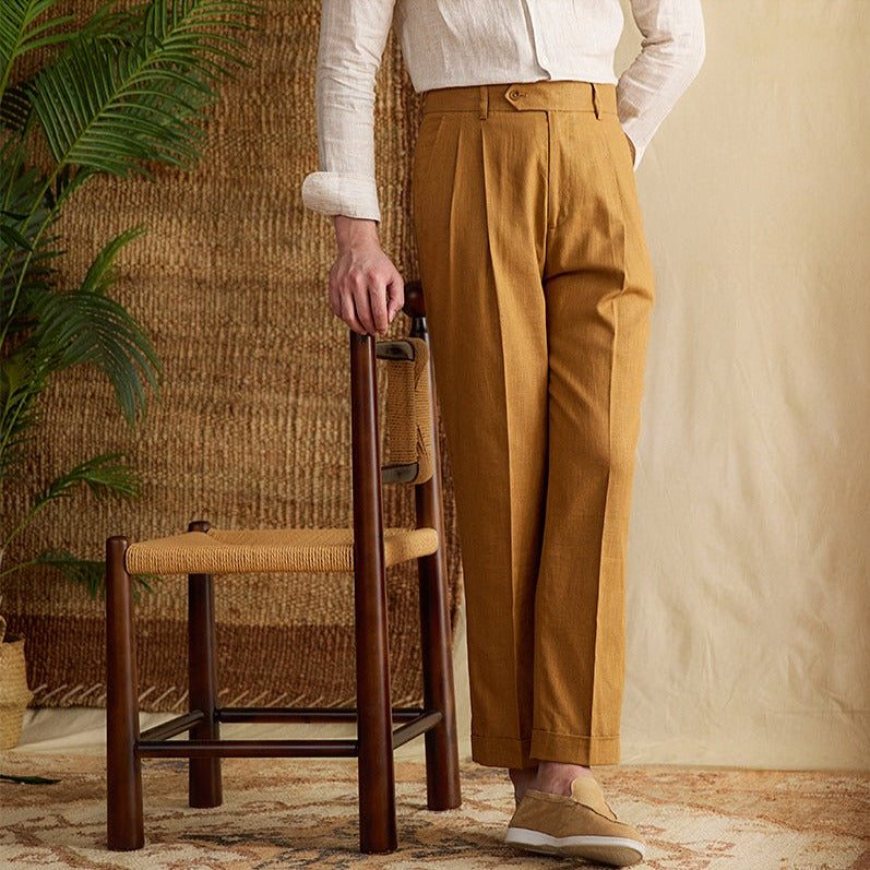 Bergamo Cotton Linen Blend Double Pleated Straight Fit Trousers