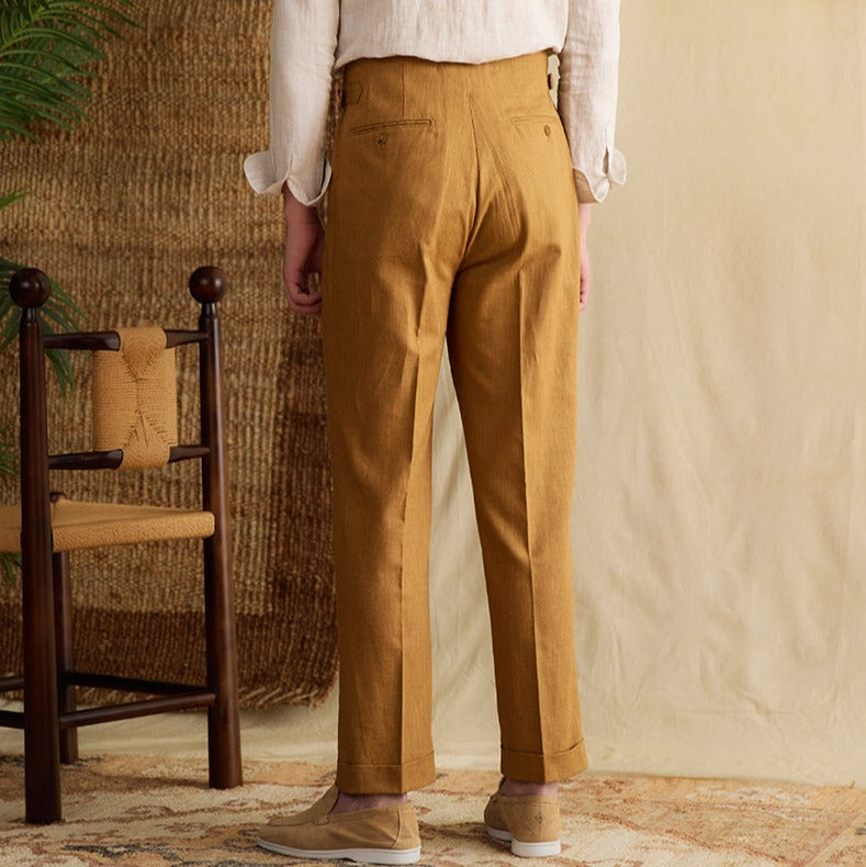 Semplice Linen Blend Double Pleated Straight Fit Trousers