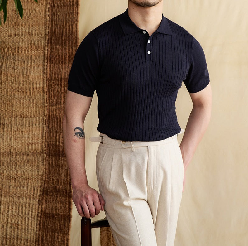 Athens Ribbed Pleated Knit Polo Shirt