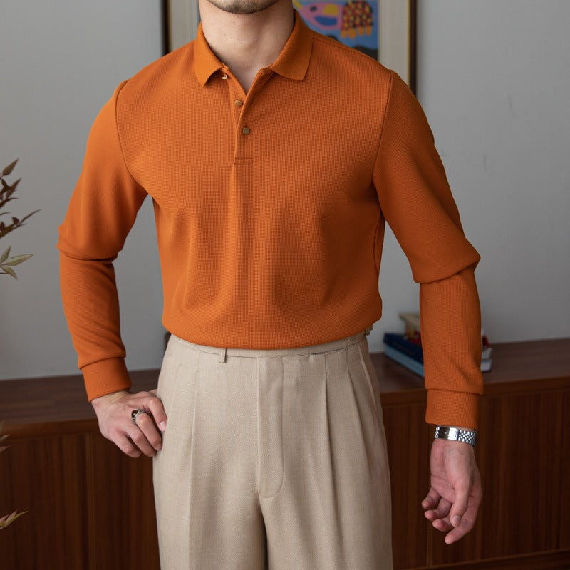 Textured Knit Cotton Blend Long Sleeve Polo
