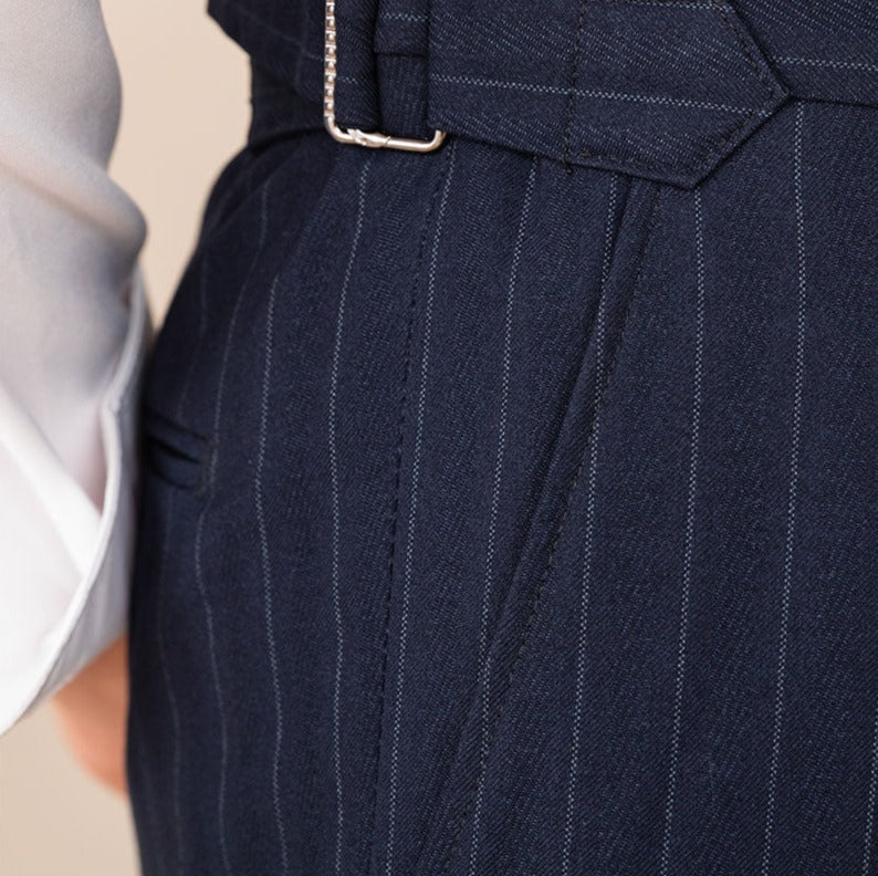 Wall Street Pinstripe Double Pleated Straight Fit Trousers