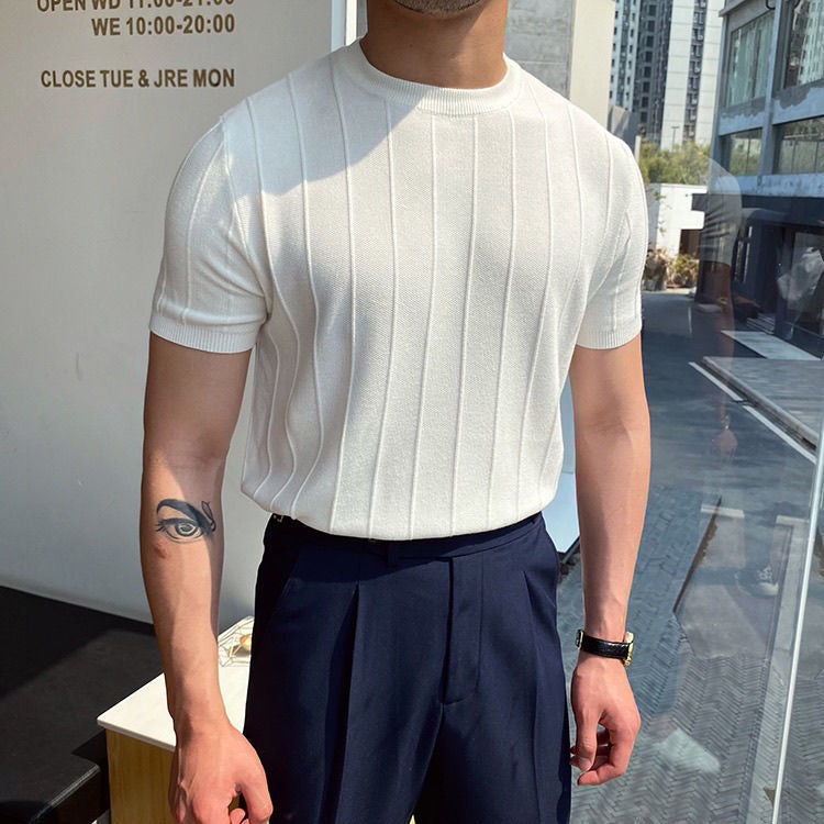 Pleated Stripes Classic Knit T-Shirt