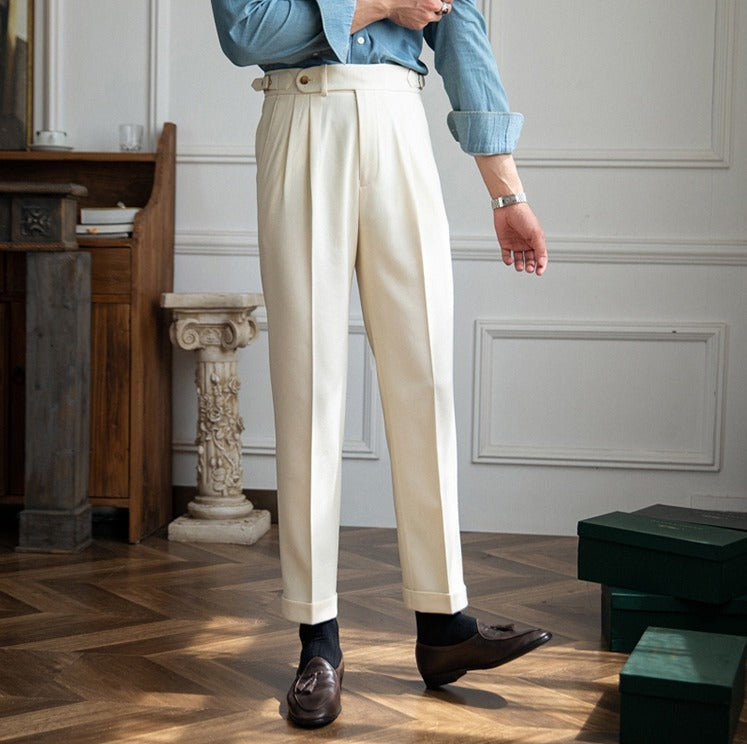 London Wool Blend Textured Double Pleated Trousers