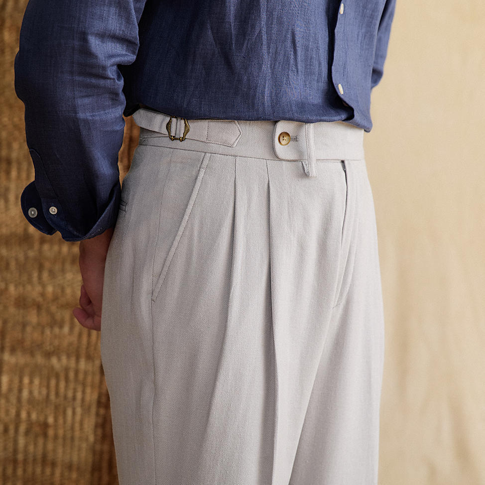 Monaco Linen Double Pleated Straight Fit Trousers