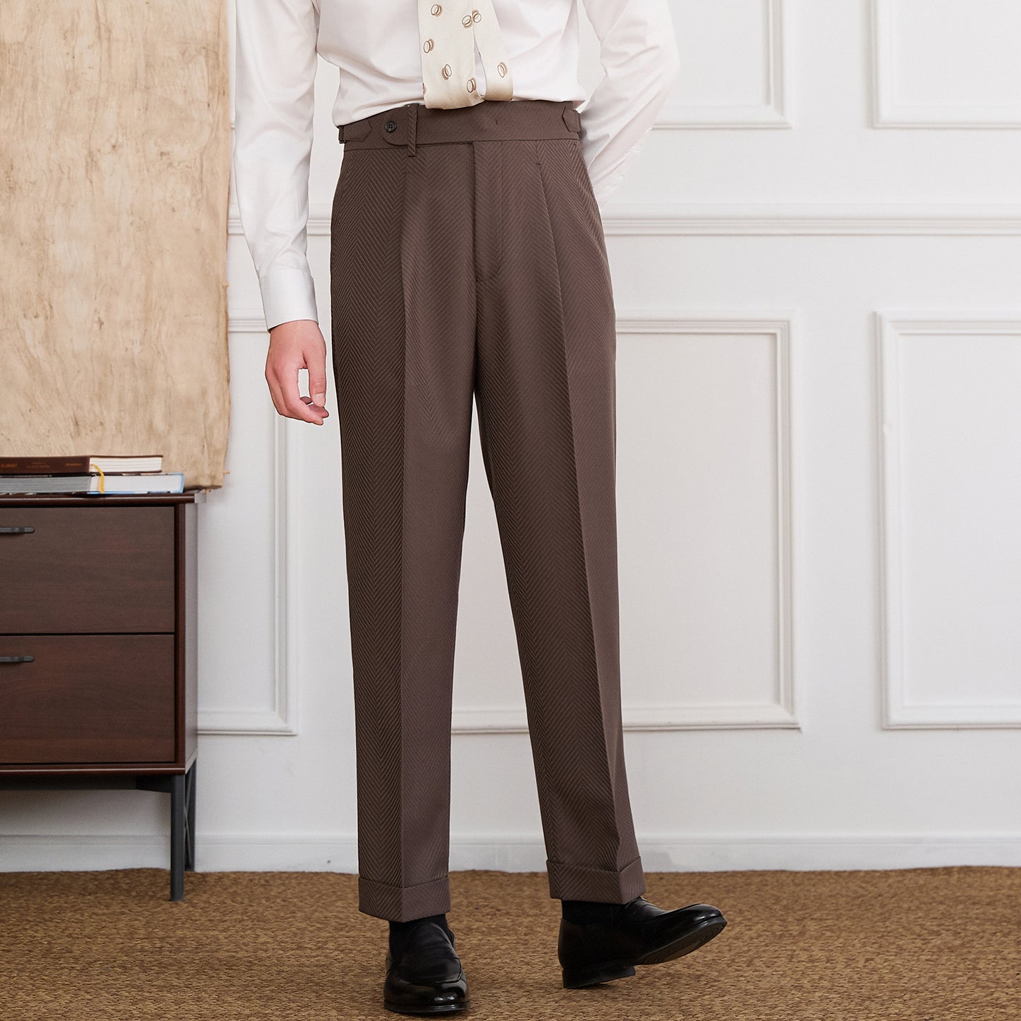Roma Herringbone Straight Fit High Waisted Trousers
