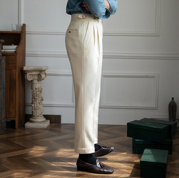 London Wool Blend Textured Double Pleated Trousers