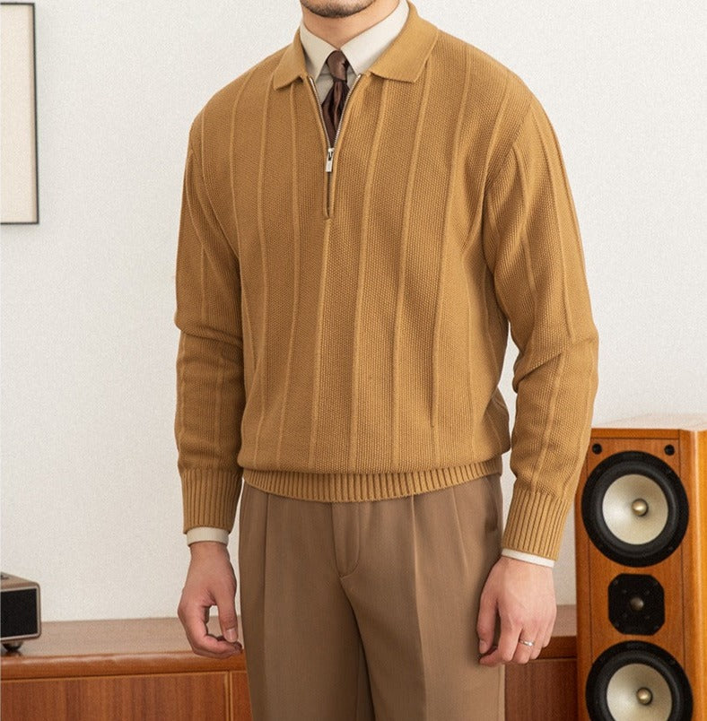 Pleated Elegance Polo Half Zip Knitted Sweater