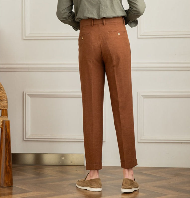 Roma Linen Blend Double Pleated Straight Fit Trousers