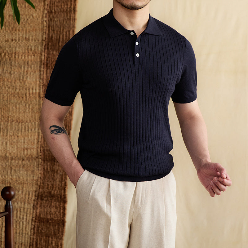 Athens Ribbed Pleated Knit Polo Shirt